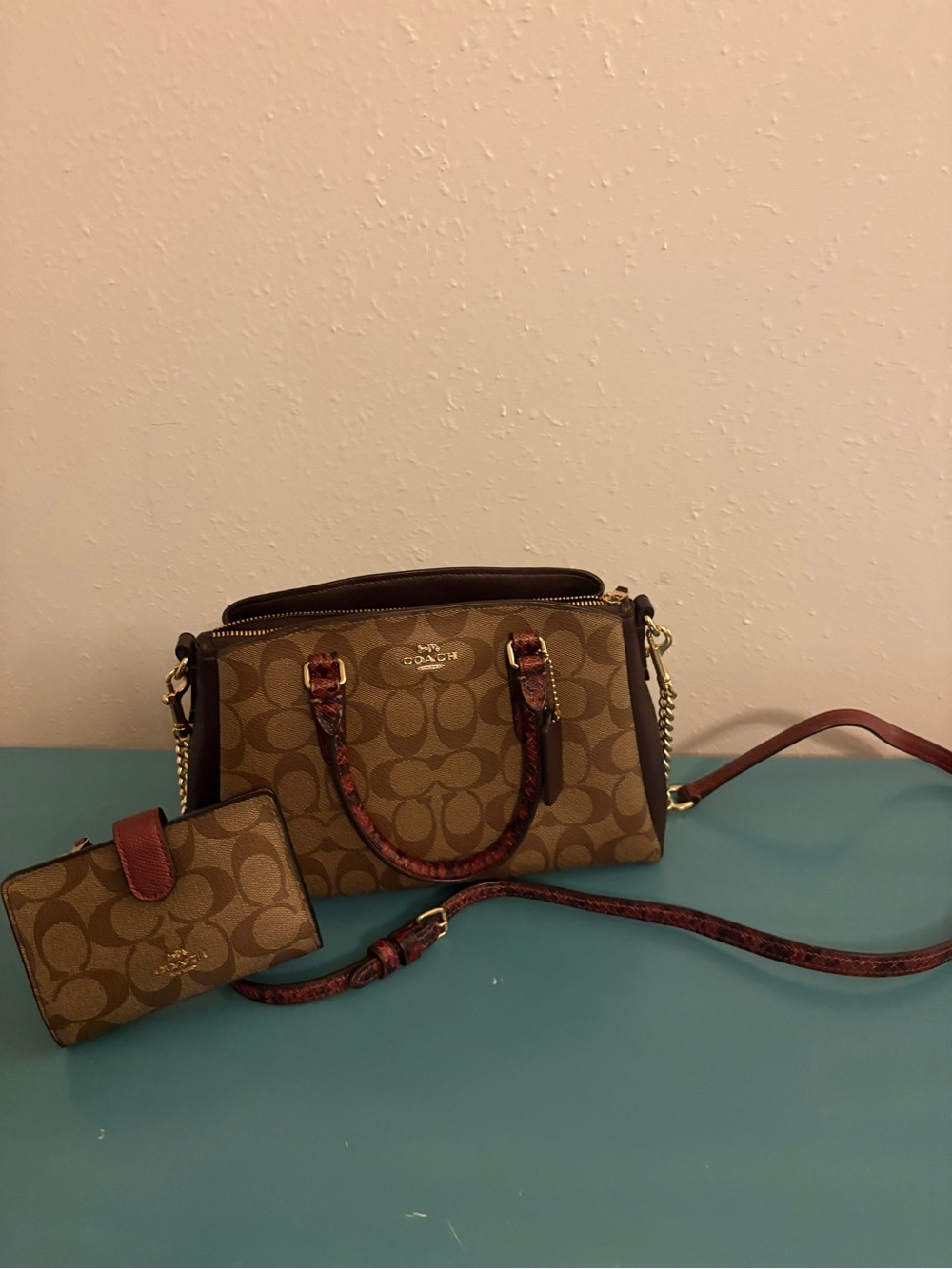 Coach Brown Signature Crossbody Satchel with Red-Accented Straps with Wallet